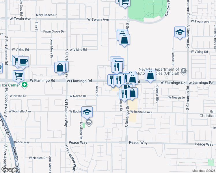 map of restaurants, bars, coffee shops, grocery stores, and more near 8725 West Flamingo Road in Las Vegas