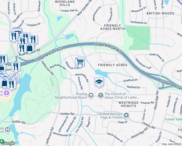 map of restaurants, bars, coffee shops, grocery stores, and more near 1530 Worthington Place in Greensboro