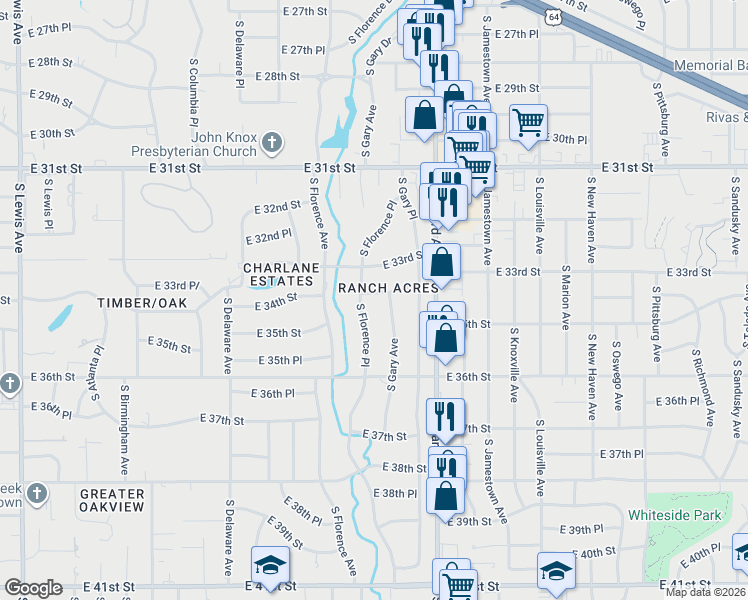 map of restaurants, bars, coffee shops, grocery stores, and more near 3150 East 34th Street in Tulsa