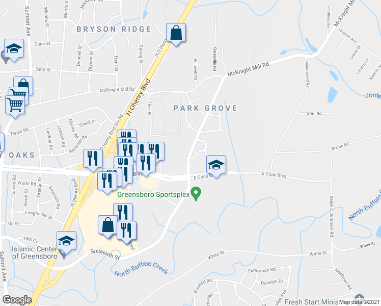 map of restaurants, bars, coffee shops, grocery stores, and more near 2566 16th Street in Greensboro