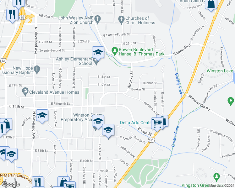 map of restaurants, bars, coffee shops, grocery stores, and more near 2037 Dellabrook Road in Winston-Salem