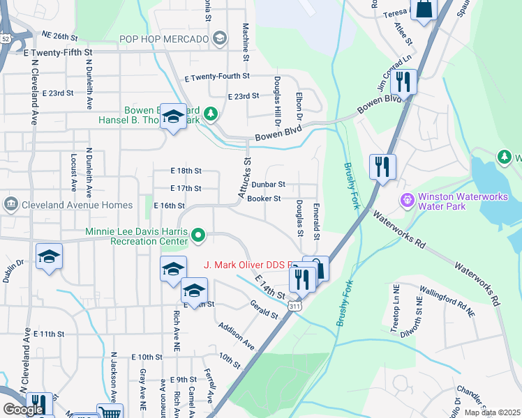 map of restaurants, bars, coffee shops, grocery stores, and more near 608 Eldora Street in Winston-Salem