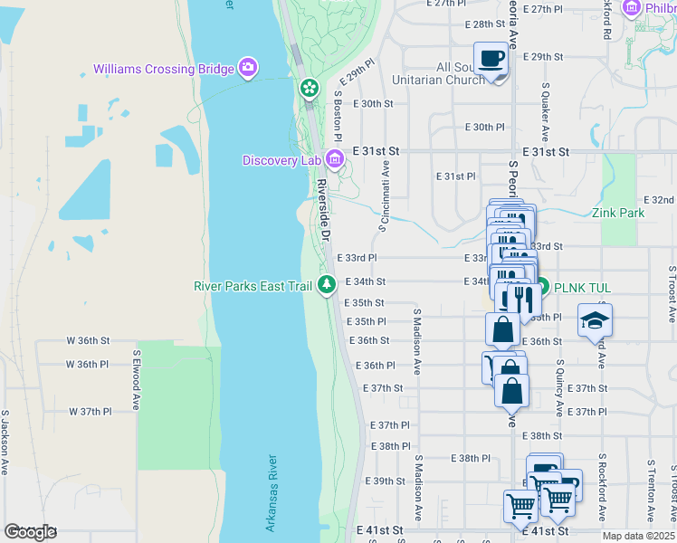 map of restaurants, bars, coffee shops, grocery stores, and more near 3337 Riverside Drive in Tulsa