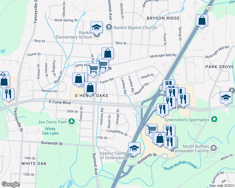 map of restaurants, bars, coffee shops, grocery stores, and more near 3211 Orange Street in Greensboro