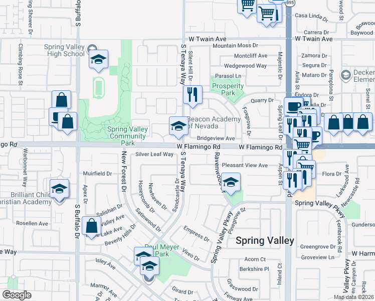 map of restaurants, bars, coffee shops, grocery stores, and more near 7300 Clearwater Circle in Las Vegas