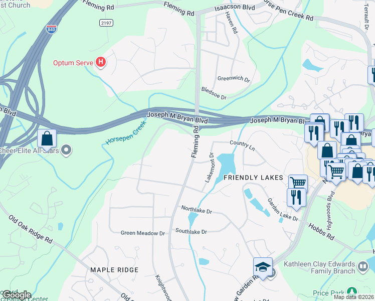 map of restaurants, bars, coffee shops, grocery stores, and more near 1803 Fleming Road in Greensboro