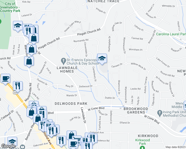 map of restaurants, bars, coffee shops, grocery stores, and more near 3303 Canterbury Street in Greensboro