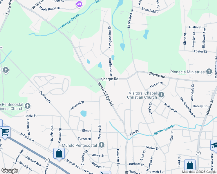 map of restaurants, bars, coffee shops, grocery stores, and more near 1007 Burch Bridge Road in Burlington