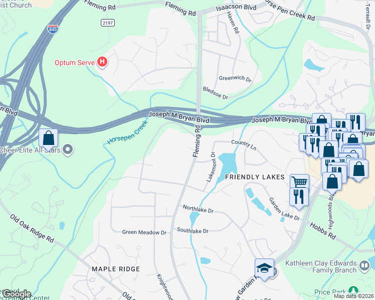 map of restaurants, bars, coffee shops, grocery stores, and more near 1803 Fleming Road in Greensboro