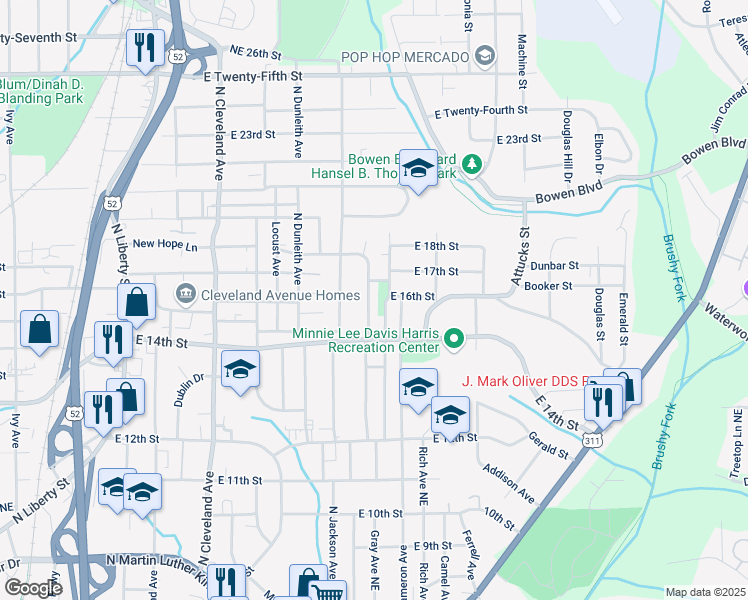 map of restaurants, bars, coffee shops, grocery stores, and more near 1428 Hattie Avenue in Winston-Salem