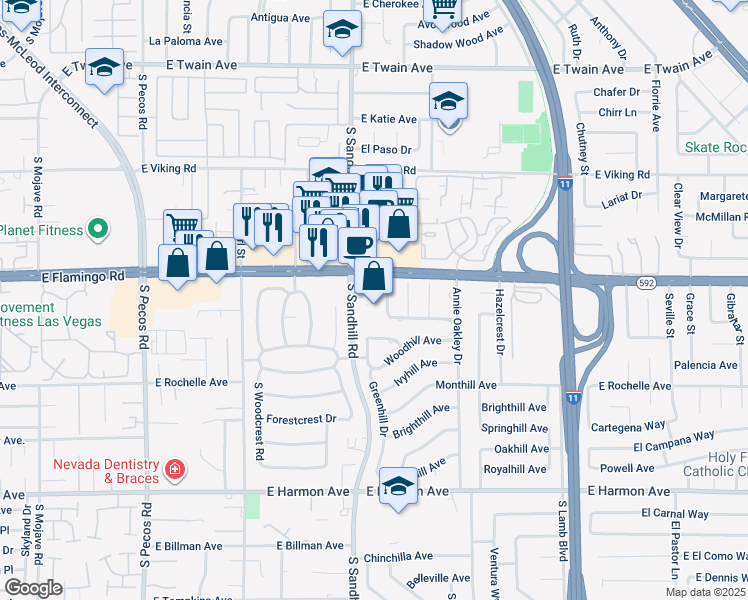 map of restaurants, bars, coffee shops, grocery stores, and more near 4161 Brookview Way in Las Vegas