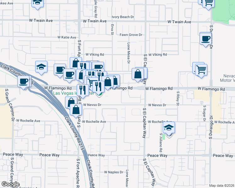 map of restaurants, bars, coffee shops, grocery stores, and more near 9173 West Flamingo Road in Las Vegas
