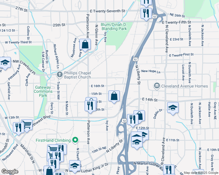 map of restaurants, bars, coffee shops, grocery stores, and more near 502 East 16th Street in Winston-Salem
