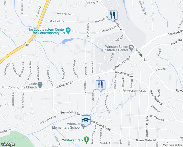 map of restaurants, bars, coffee shops, grocery stores, and more near 2627 Robinhood Road in Winston-Salem