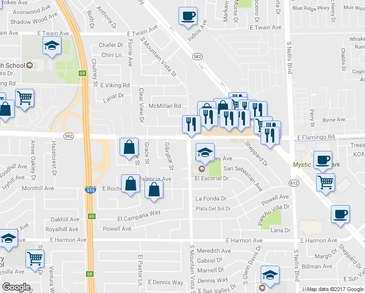 map of restaurants, bars, coffee shops, grocery stores, and more near 4595 East Flamingo Road in Las Vegas