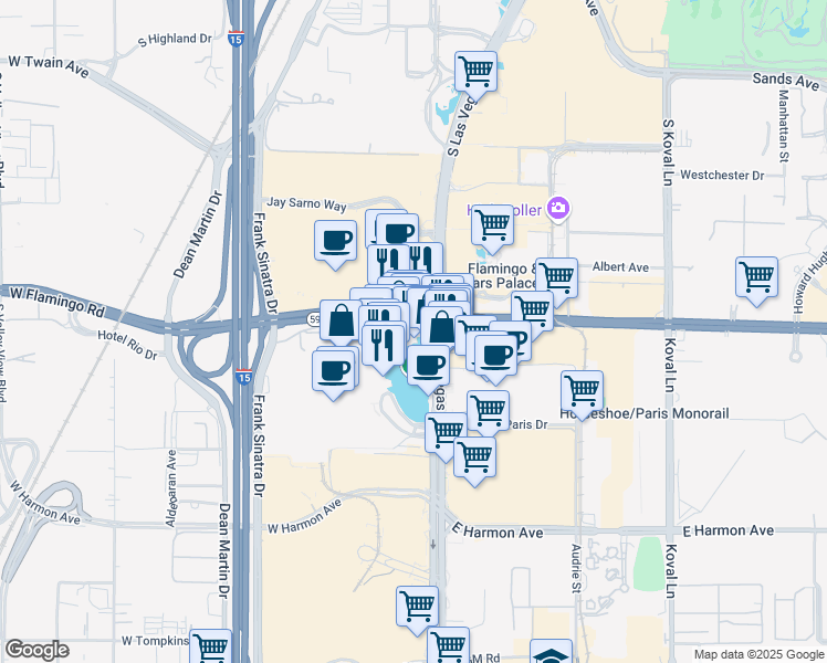 map of restaurants, bars, coffee shops, grocery stores, and more near 3600 Las Vegas Boulevard South in Las Vegas