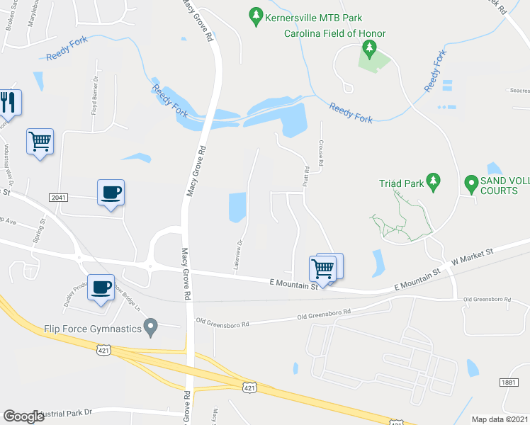 map of restaurants, bars, coffee shops, grocery stores, and more near 145 Tysonridge Court in Kernersville