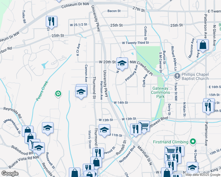 map of restaurants, bars, coffee shops, grocery stores, and more near 1639 Lincoln Avenue Northwest in Winston-Salem