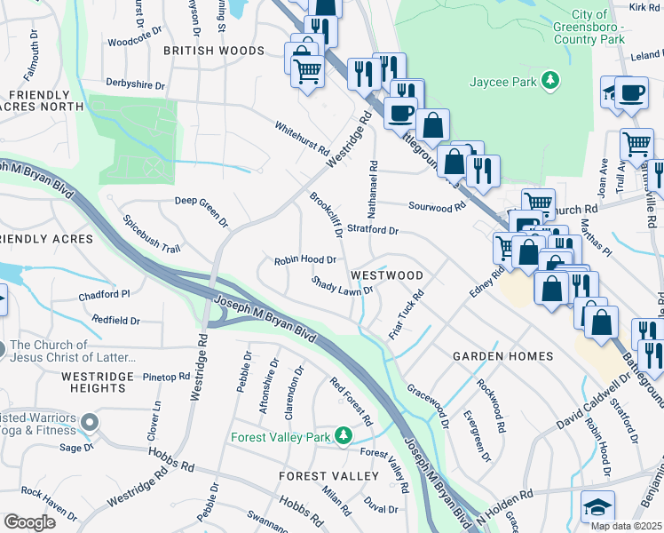 map of restaurants, bars, coffee shops, grocery stores, and more near 3103 Robin Hood Drive in Greensboro