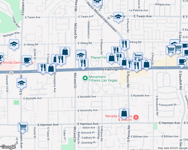 map of restaurants, bars, coffee shops, grocery stores, and more near 3145 East Flamingo Road in Las Vegas