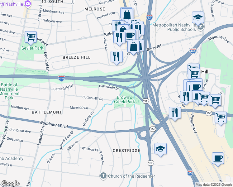 map of restaurants, bars, coffee shops, grocery stores, and more near 828 Sutton Hill Road in Nashville