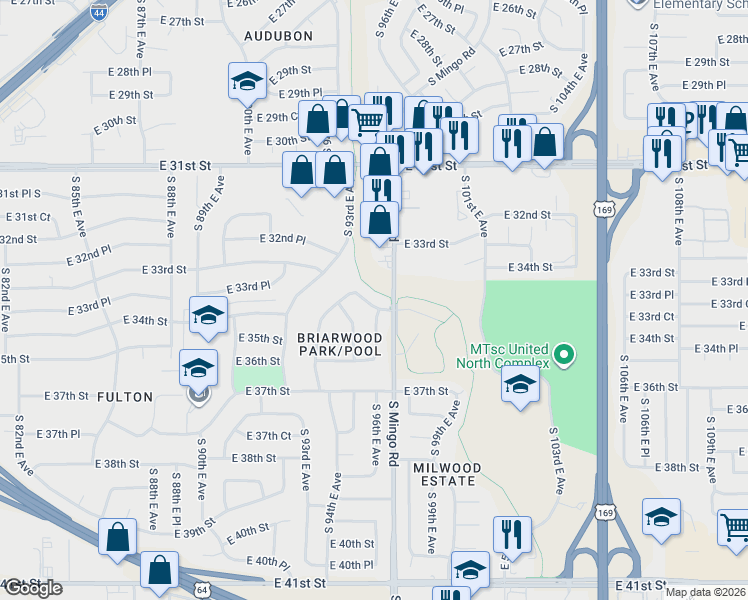 map of restaurants, bars, coffee shops, grocery stores, and more near 9545 East 34th Street in Tulsa