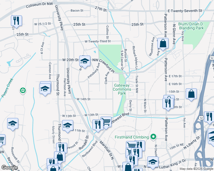 map of restaurants, bars, coffee shops, grocery stores, and more near 1426 Underwood Avenue in Winston-Salem