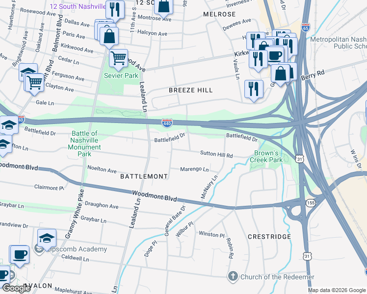 map of restaurants, bars, coffee shops, grocery stores, and more near 1004A Sutton Hill Road in Nashville