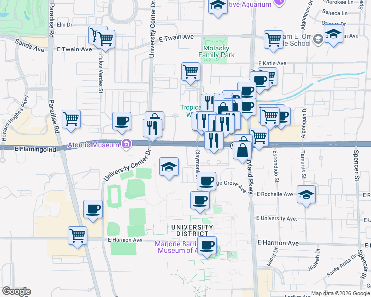 map of restaurants, bars, coffee shops, grocery stores, and more near 969 East Flamingo Road in Las Vegas