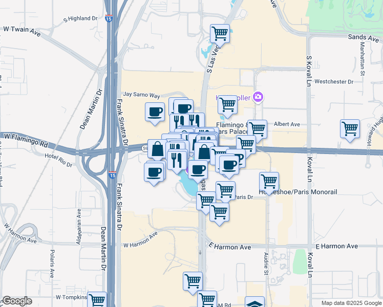map of restaurants, bars, coffee shops, grocery stores, and more near 3600 South Las Vegas Boulevard in Las Vegas