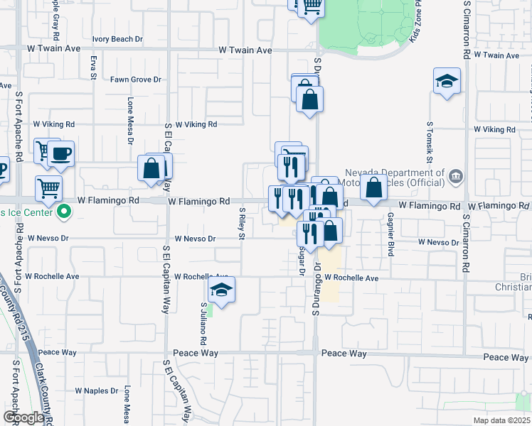 map of restaurants, bars, coffee shops, grocery stores, and more near 8725 West Flamingo Road in Las Vegas