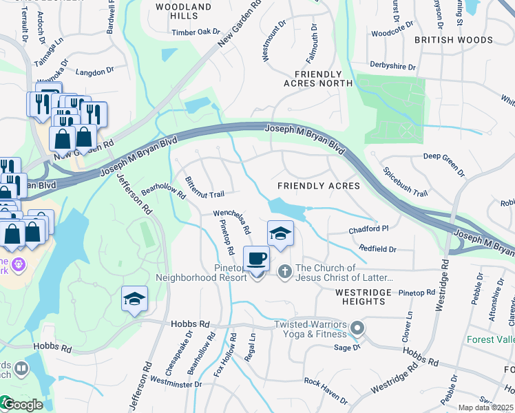 map of restaurants, bars, coffee shops, grocery stores, and more near 1530 Worthington Place in Greensboro