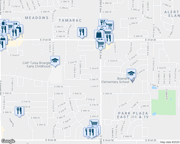 map of restaurants, bars, coffee shops, grocery stores, and more near 3301 East 33rd Court in Tulsa
