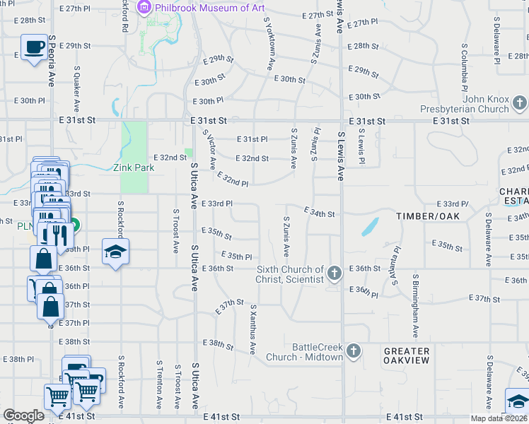 map of restaurants, bars, coffee shops, grocery stores, and more near 3501 South Yorktown Place in Tulsa
