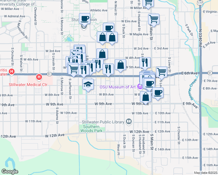 map of restaurants, bars, coffee shops, grocery stores, and more near 711 South Knoblock Street in Stillwater