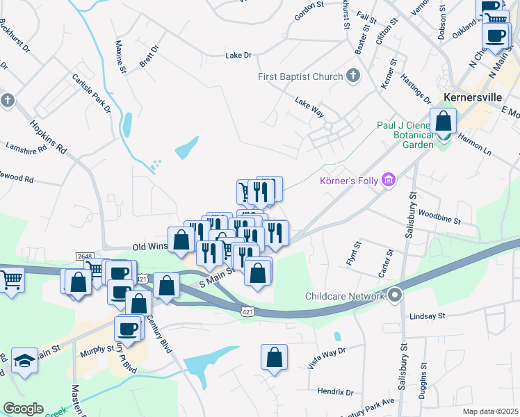 map of restaurants, bars, coffee shops, grocery stores, and more near 230 Market View Drive in Kernersville