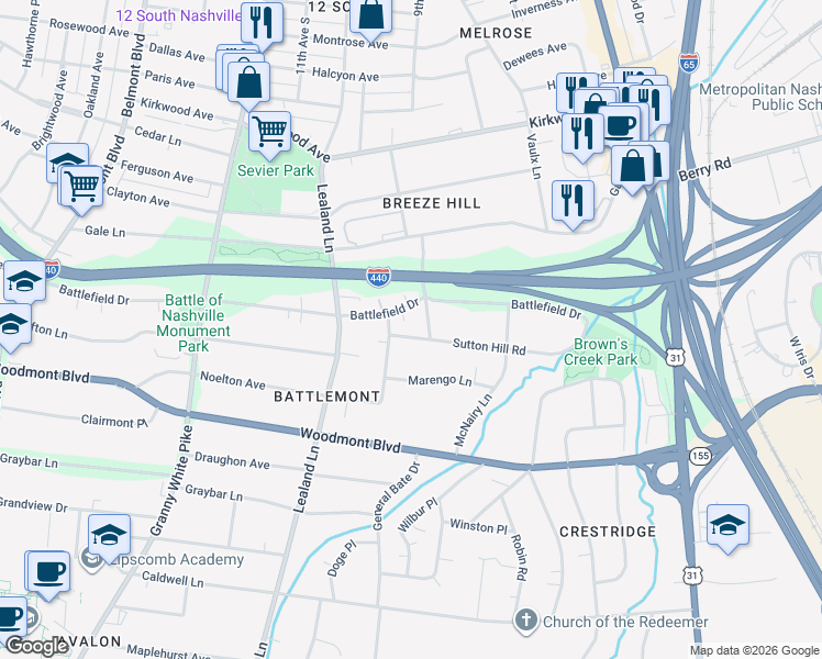 map of restaurants, bars, coffee shops, grocery stores, and more near 1004A Sutton Hill Road in Nashville