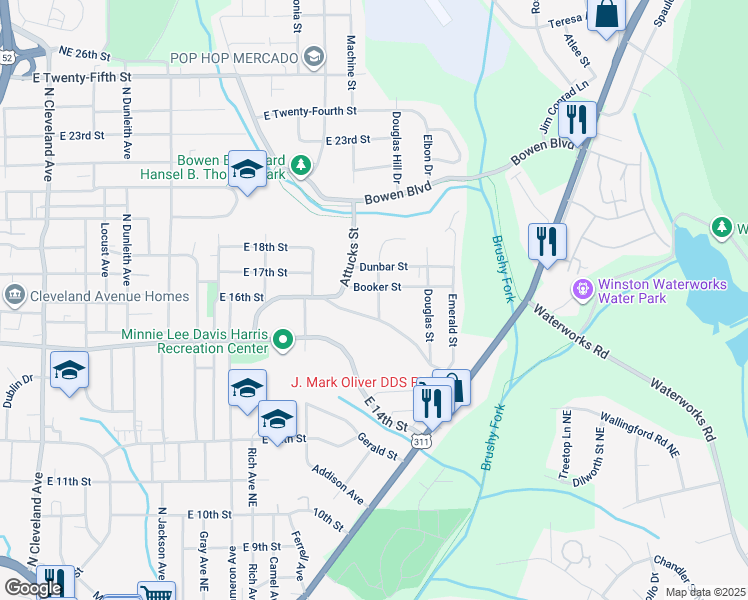 map of restaurants, bars, coffee shops, grocery stores, and more near 608 Eldora Street in Winston-Salem