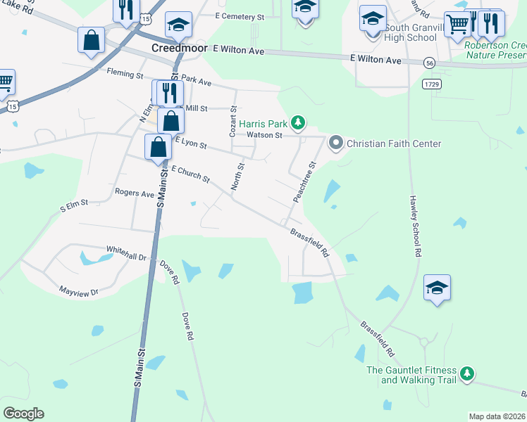 map of restaurants, bars, coffee shops, grocery stores, and more near 322 East Church Street in Creedmoor