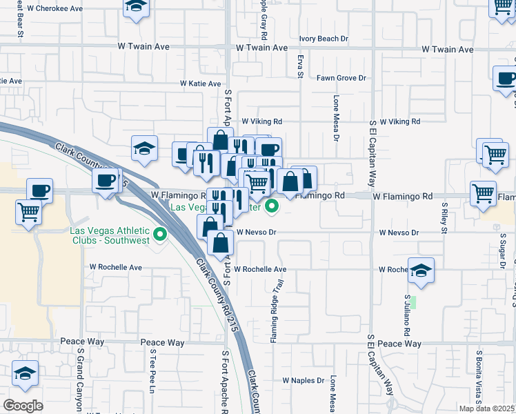 map of restaurants, bars, coffee shops, grocery stores, and more near 9355 West Flamingo Road in Las Vegas
