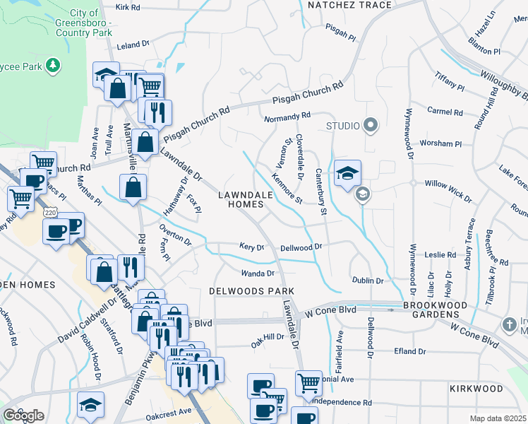 map of restaurants, bars, coffee shops, grocery stores, and more near 3401 Wilshire Drive in Greensboro