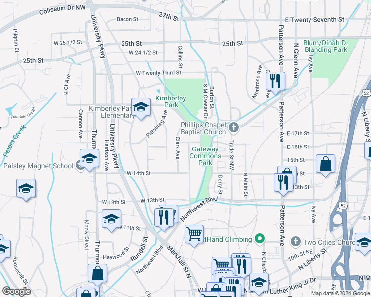 map of restaurants, bars, coffee shops, grocery stores, and more near 1432 Underwood Avenue in Winston-Salem