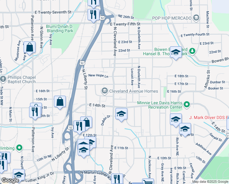 map of restaurants, bars, coffee shops, grocery stores, and more near 1603 North Cleveland Avenue in Winston-Salem