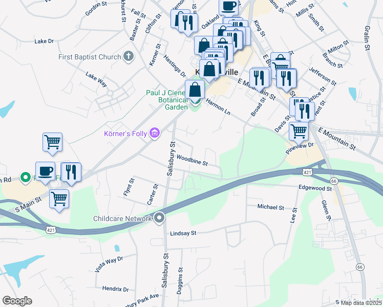 map of restaurants, bars, coffee shops, grocery stores, and more near Partridge Lane in Kernersville