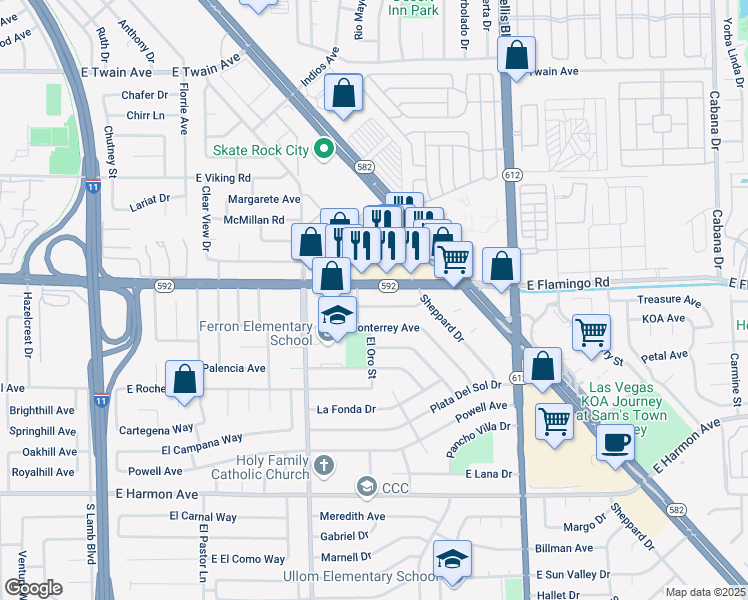 map of restaurants, bars, coffee shops, grocery stores, and more near 4721 El Tesoro Avenue in Las Vegas