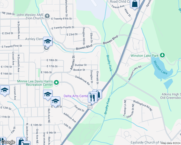 map of restaurants, bars, coffee shops, grocery stores, and more near 1460 Douglas Street in Winston-Salem