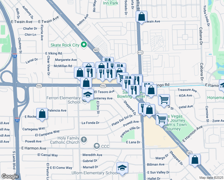 map of restaurants, bars, coffee shops, grocery stores, and more near 4818 El Tesoro Avenue in Las Vegas