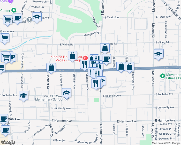 map of restaurants, bars, coffee shops, grocery stores, and more near 2325 East Flamingo Road in Las Vegas