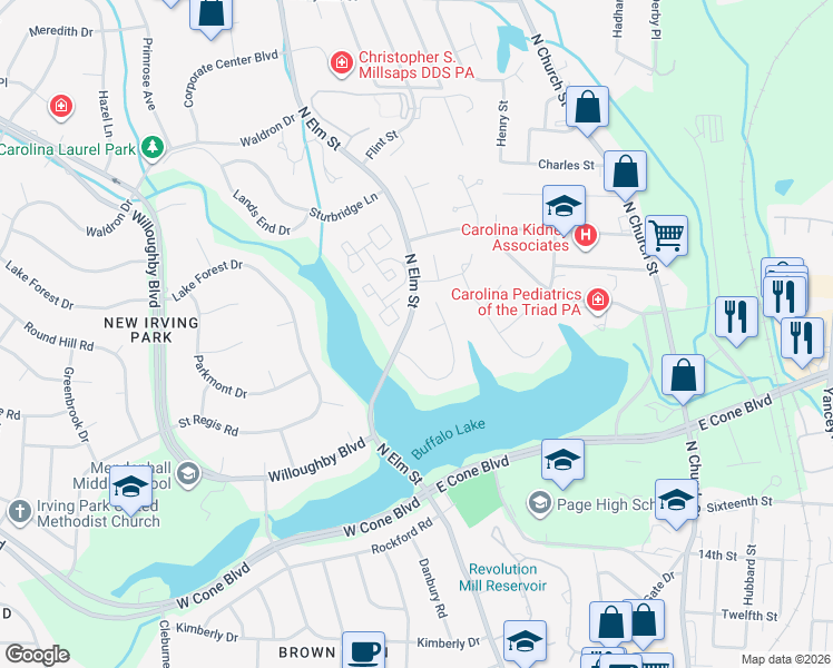 map of restaurants, bars, coffee shops, grocery stores, and more near 5 Elm Ridge Court in Greensboro