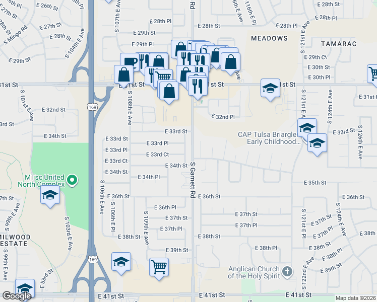 map of restaurants, bars, coffee shops, grocery stores, and more near 3347 South 112th East Avenue in Tulsa